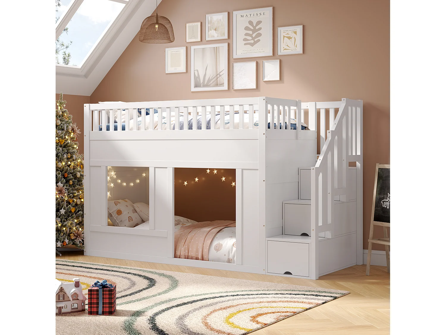 Lit superposé enfant 90×200 cm blanc, avec escalier rangement, zone de jeu modulable dessous, sans matelas, design bois MDF