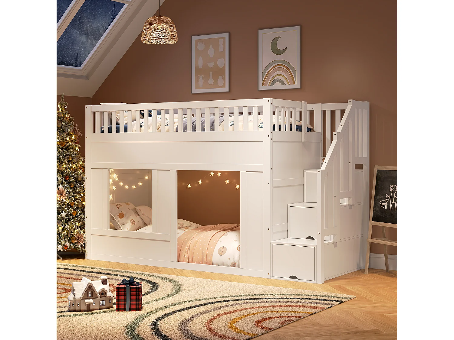 Lit superposé enfant 90×200 cm blanc, avec escalier rangement, zone de jeu modulable dessous, sans matelas, design bois MDF