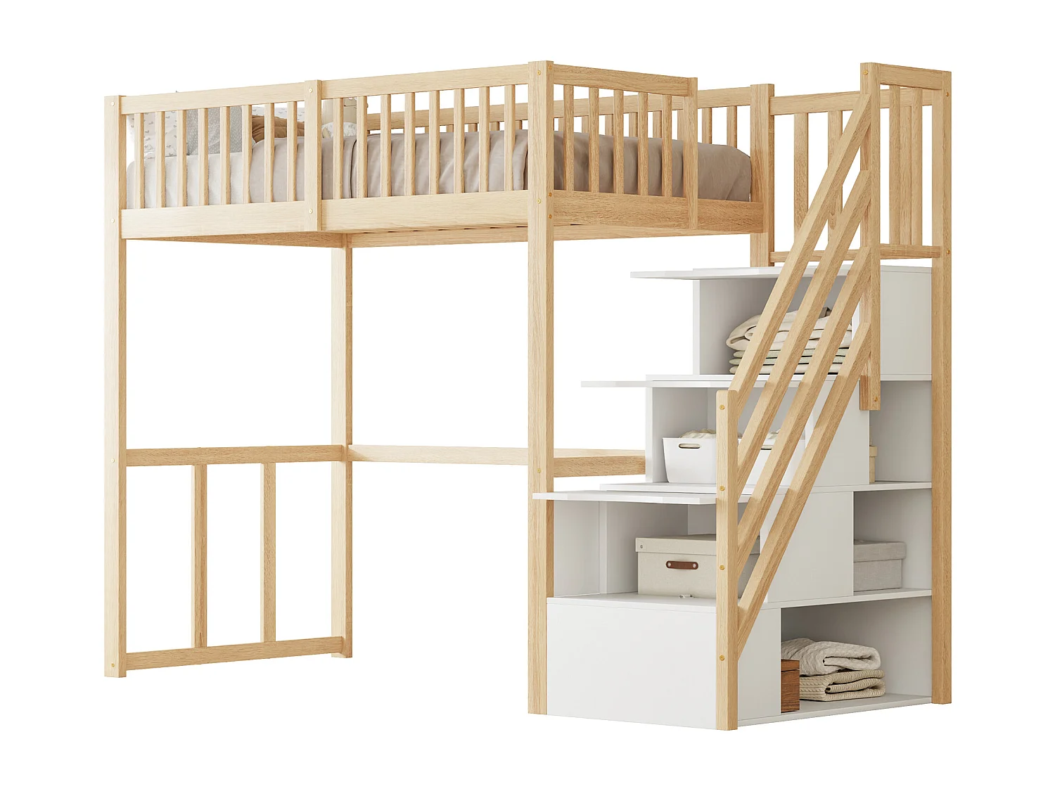 Lit mezzanine 90x200 cm en pin massif blanc, échelle avec rangements intégrés, sécurité renforcée