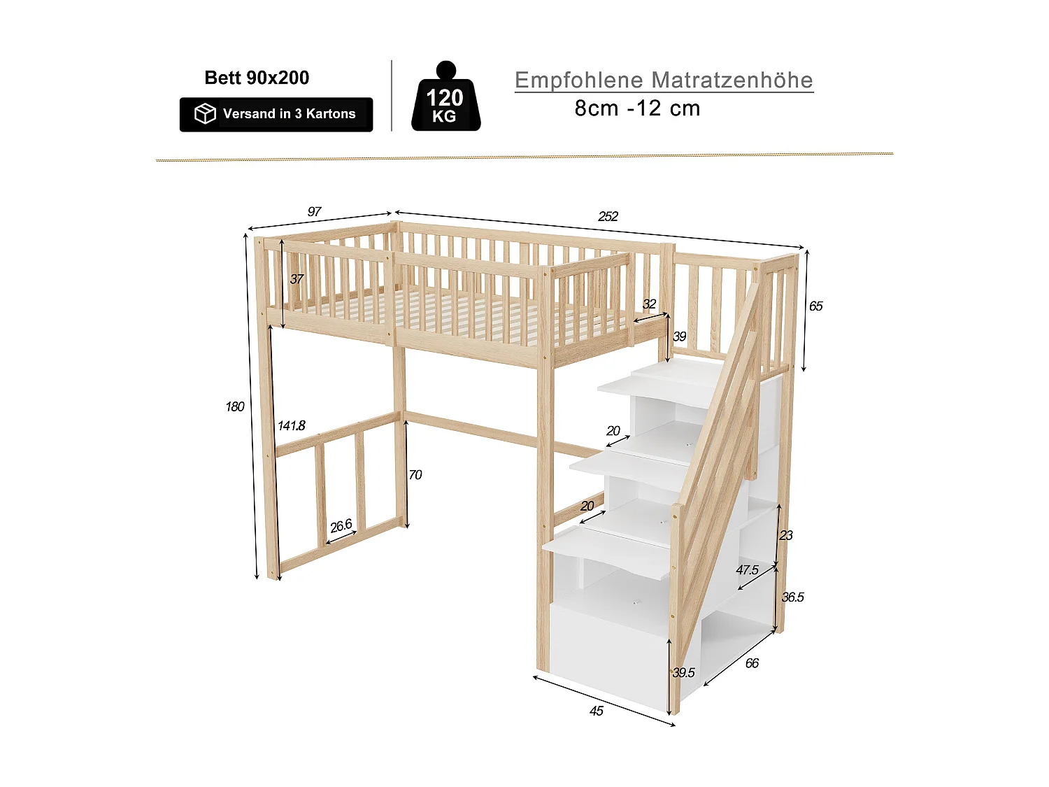 Lit mezzanine 90x200 cm en pin massif blanc, échelle avec rangements intégrés, sécurité renforcée