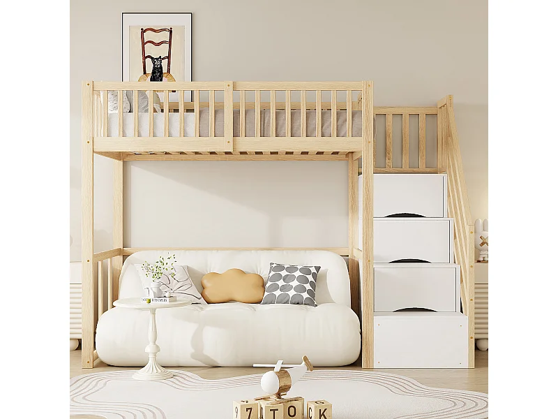 Lit mezzanine 90x200 cm en pin massif blanc, échelle avec rangements intégrés, sécurité renforcée