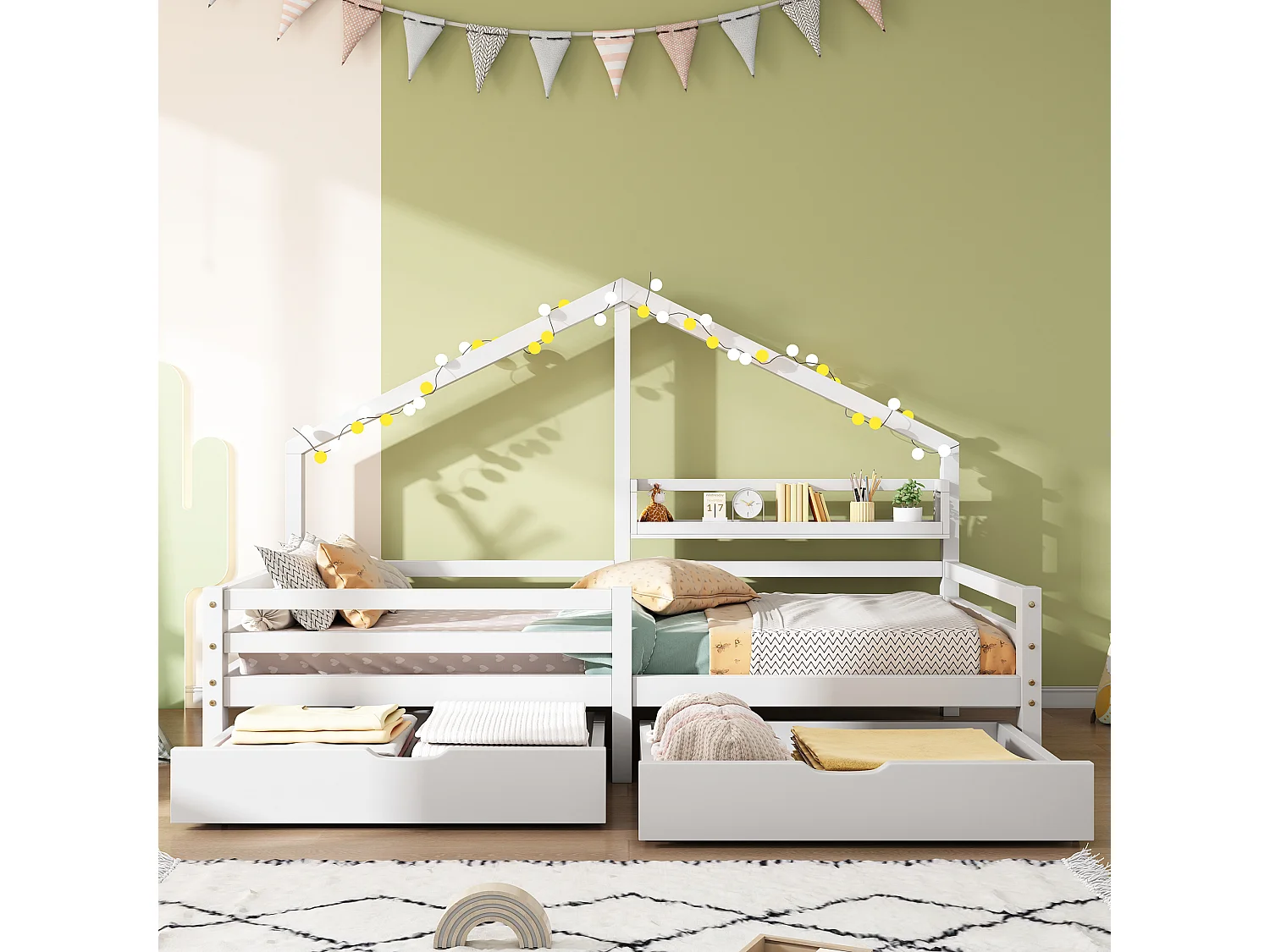 Lit cabane enfant 90×200 cm avec étagère et 2 grands tiroirs, espace de rangement, forme cheminée, blanc