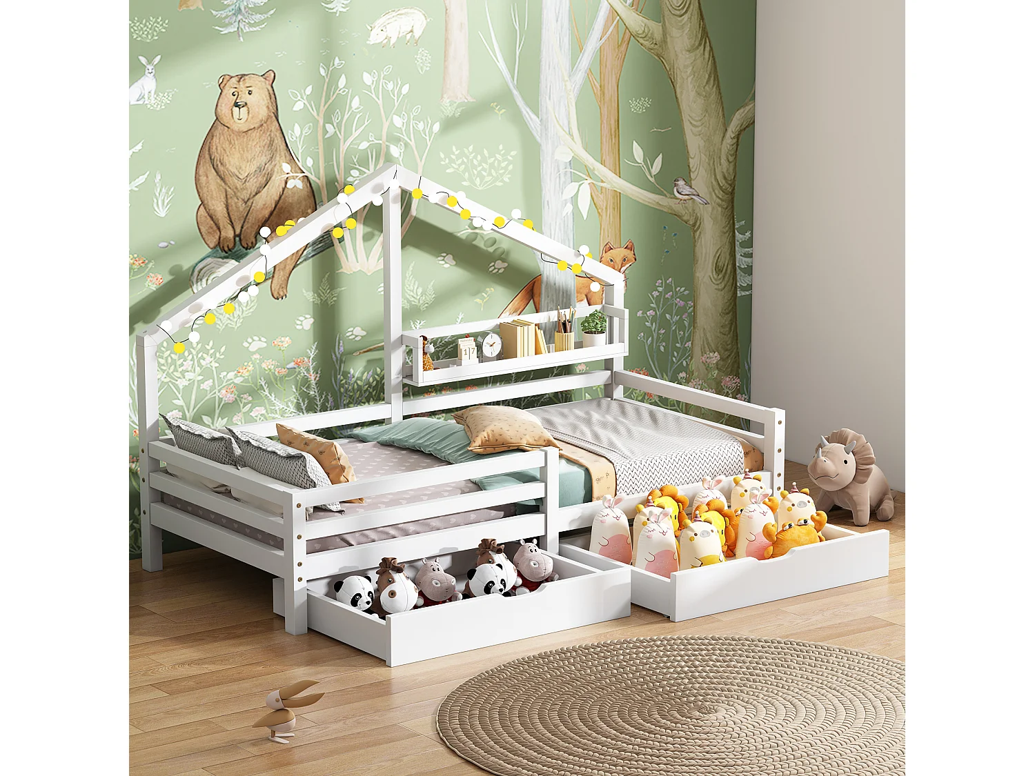 Lit cabane enfant 90×200 cm avec étagère et 2 grands tiroirs, espace de rangement, forme cheminée, blanc