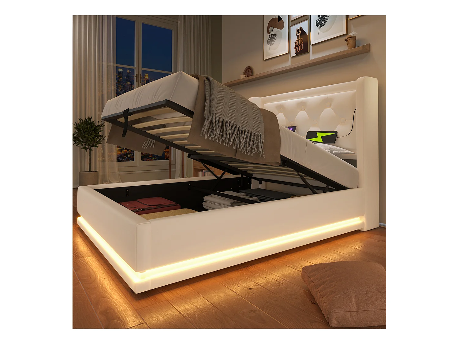 Lit tapissé 90x200 cm simple, LED 3 côtés, USB-C, hydraulique, tête rembourrée, PU blanc (Avec matelas)
