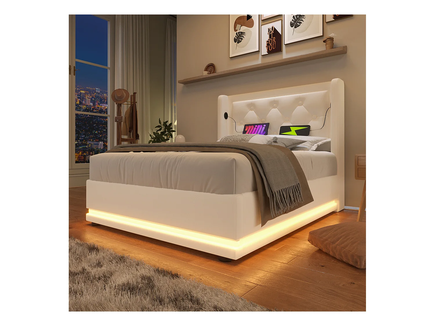 Lit tapissé 90x200 cm simple, LED 3 côtés, USB-C, hydraulique, tête rembourrée, PU blanc (Avec matelas)