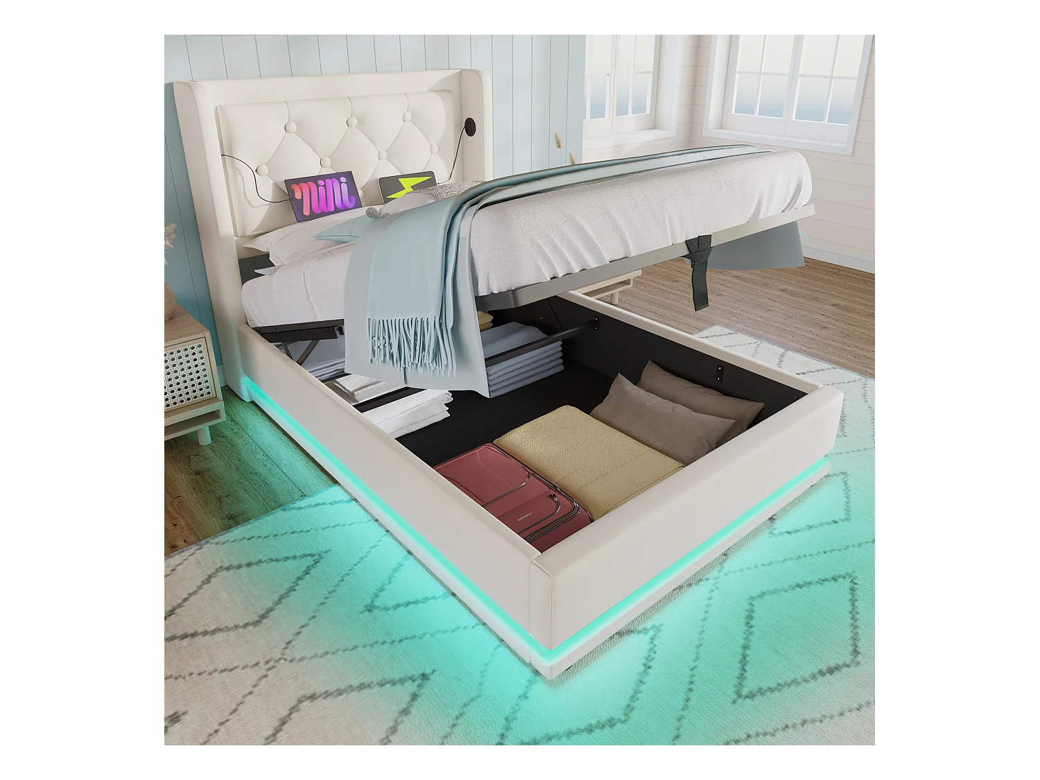 Lit tapissé 90x200 cm simple, LED 3 côtés, USB-C, hydraulique, tête rembourrée, PU blanc (Avec matelas)