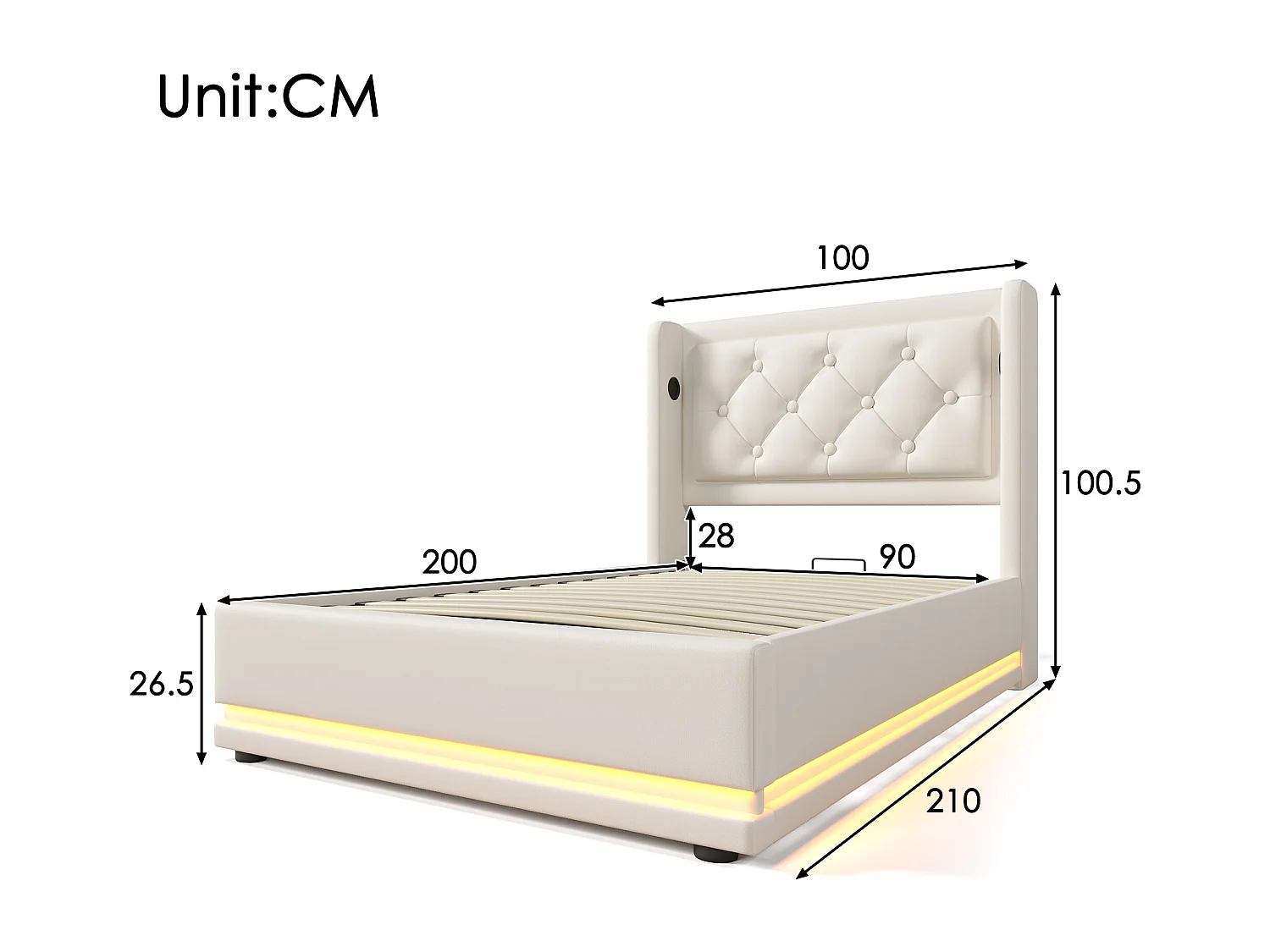 Lit tapissé 90x200 cm simple, LED 3 côtés, USB-C, hydraulique, tête rembourrée, PU blanc (Avec matelas)