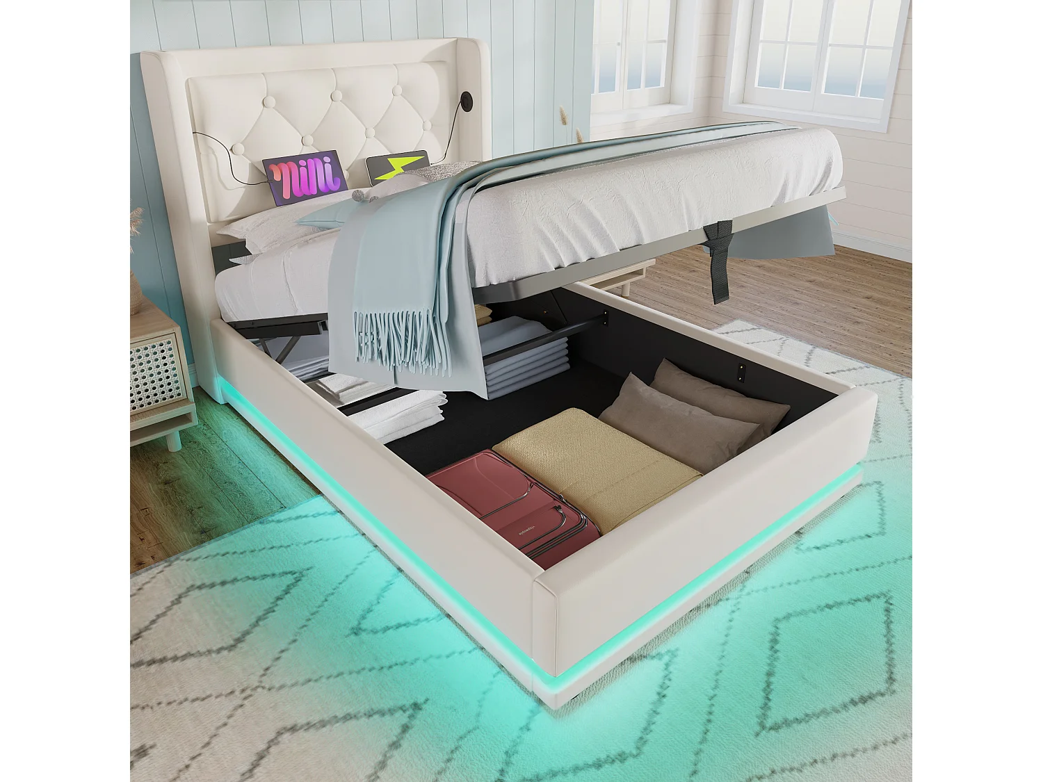 Lit tapissé 90x200 cm simple, LED 3 côtés, USB-C, hydraulique, tête rembourrée, PU blanc (Avec matelas)