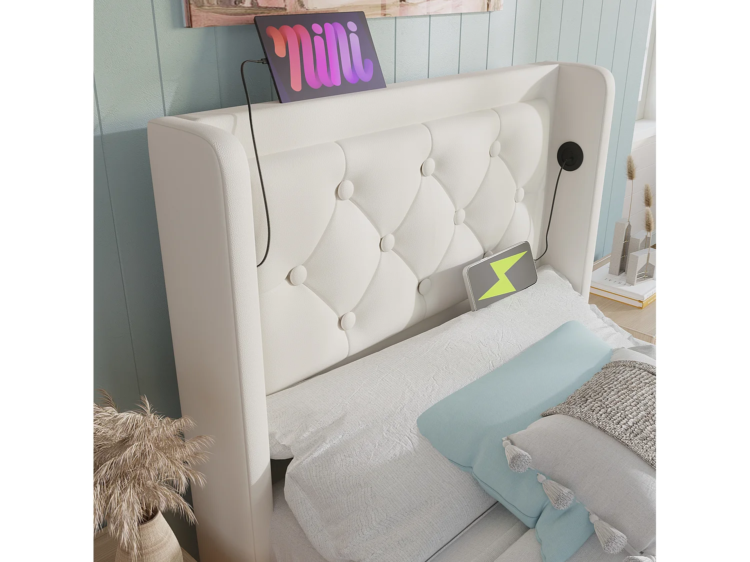 Lit tapissé 90x200 cm simple, LED 3 côtés, USB-C, hydraulique, tête rembourrée, PU blanc (Avec matelas)