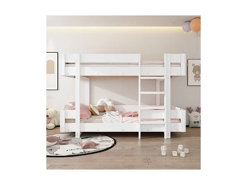 Lit superposé enfant 90×200 cm blanc, design simple avec escalier et garde-corps renforcé, sans matelas