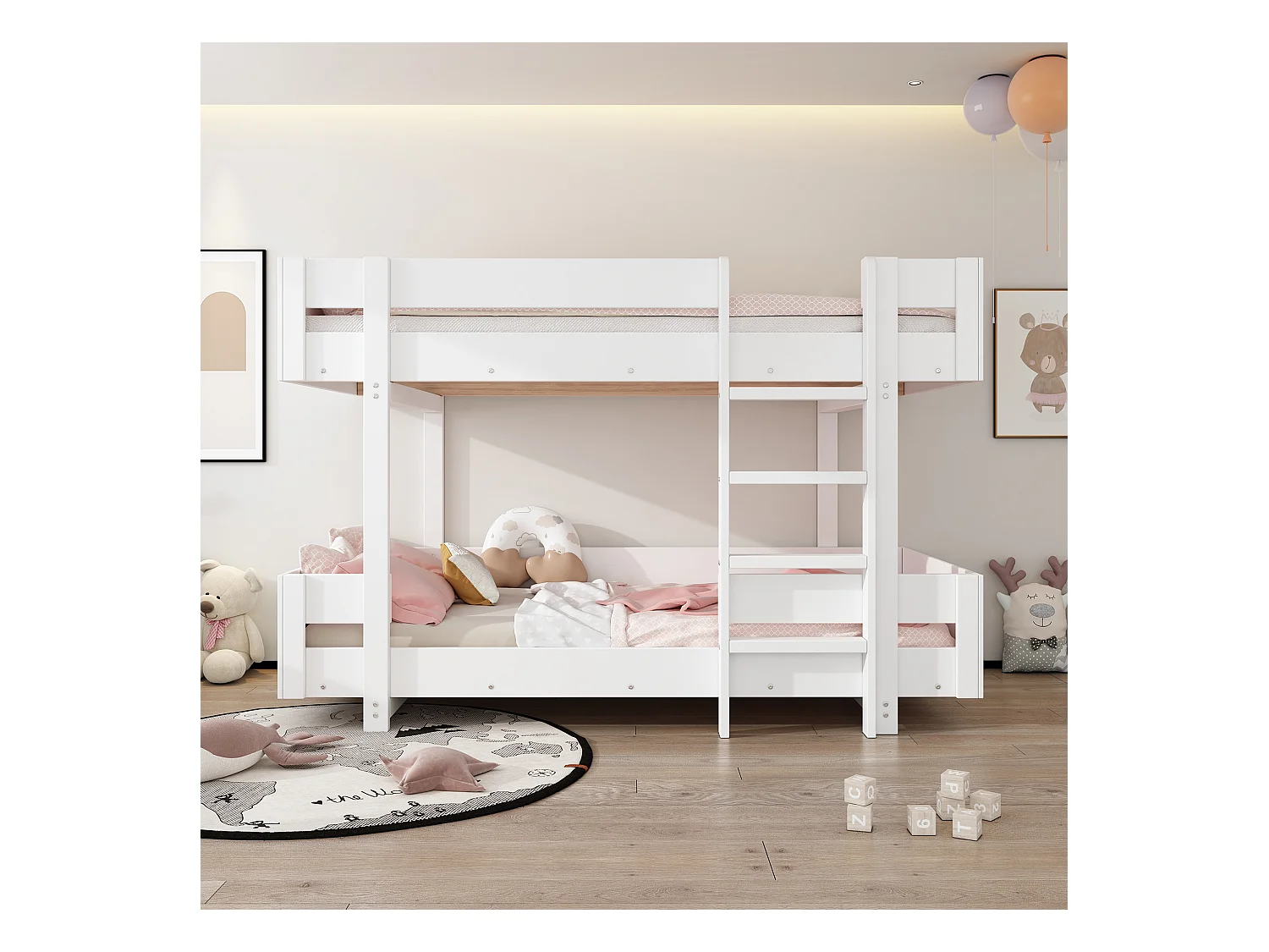 Lit superposé enfant 90×200 cm blanc, design simple avec escalier et garde-corps renforcé, sans matelas