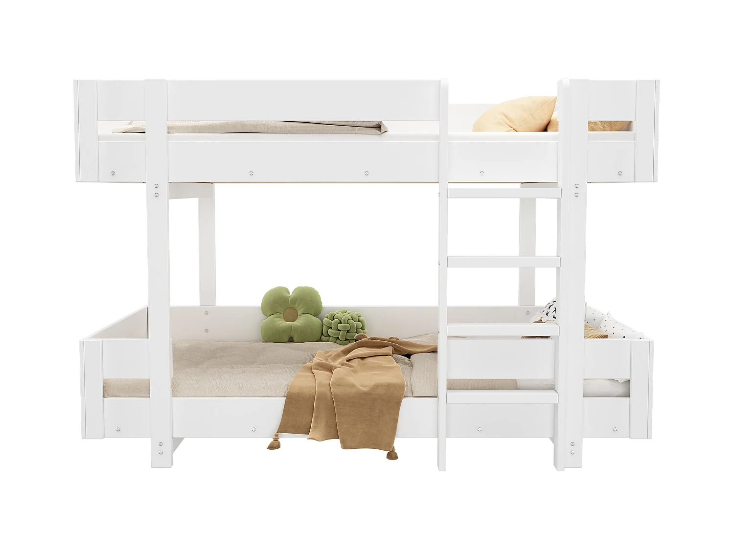 Lit superposé enfant 90×200 cm blanc, design simple avec escalier et garde-corps renforcé, sans matelas