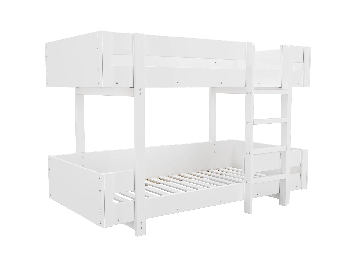 Lit superposé enfant 90×200 cm blanc, design simple avec escalier et garde-corps renforcé, sans matelas