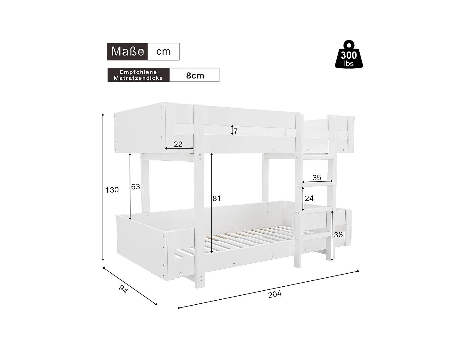 Lit superposé enfant 90×200 cm blanc, design simple avec escalier et garde-corps renforcé, sans matelas