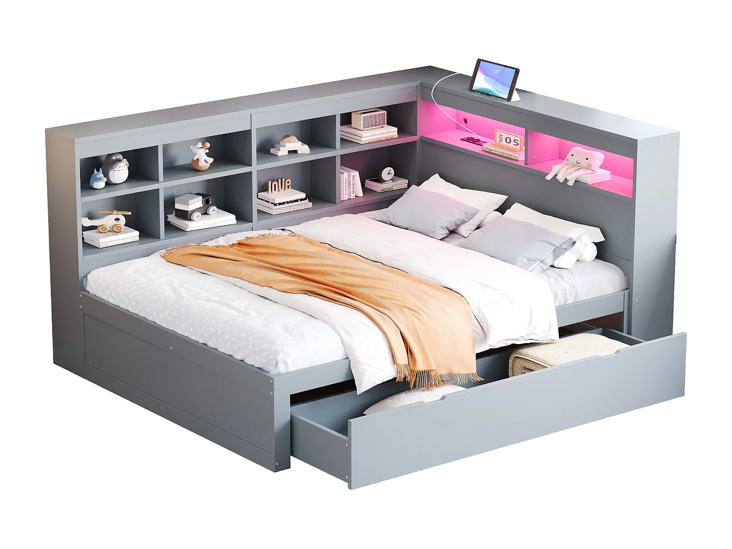Lit canapé 140x200 cm en bois massif, avec grandes tiroirs, LED, USB, étagères et rangement, multifonction, gris