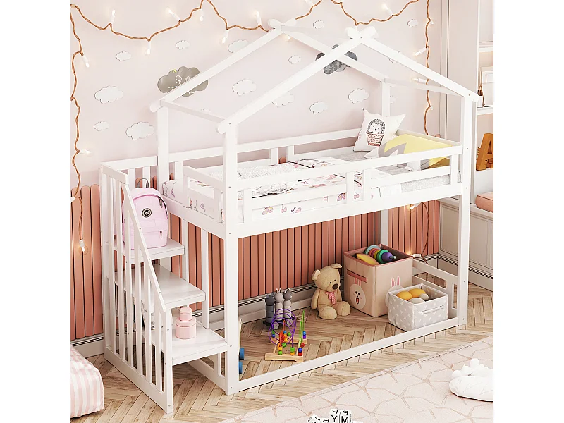 Lit enfant 90x200 cm blanc, lit superposé bas avec échelle de sécurité et cadre en bois massif