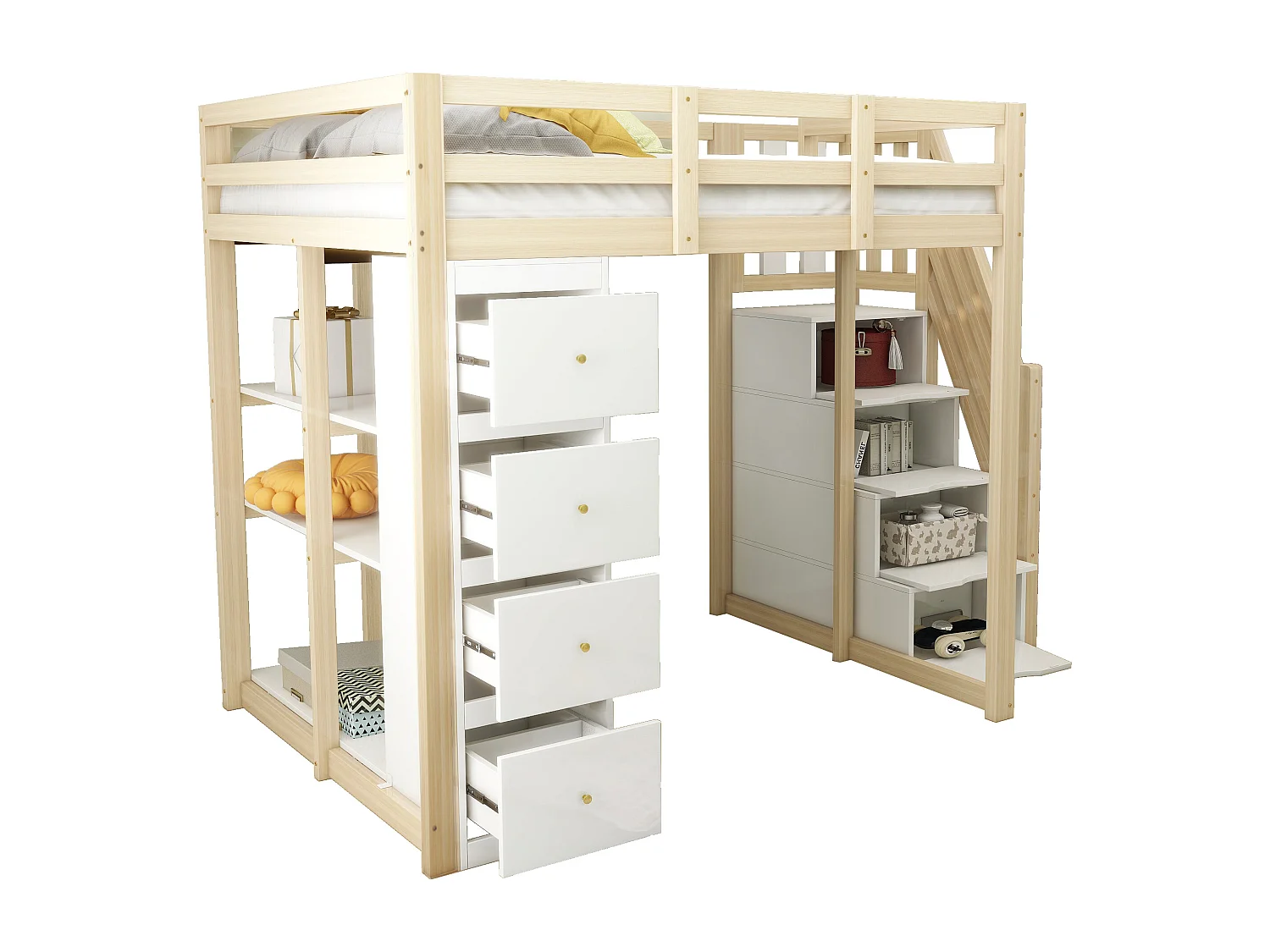 Lit mezzanine 140x200 cm en bois naturel, avec commode, étagères et échelle sécurisée, lit multifonction