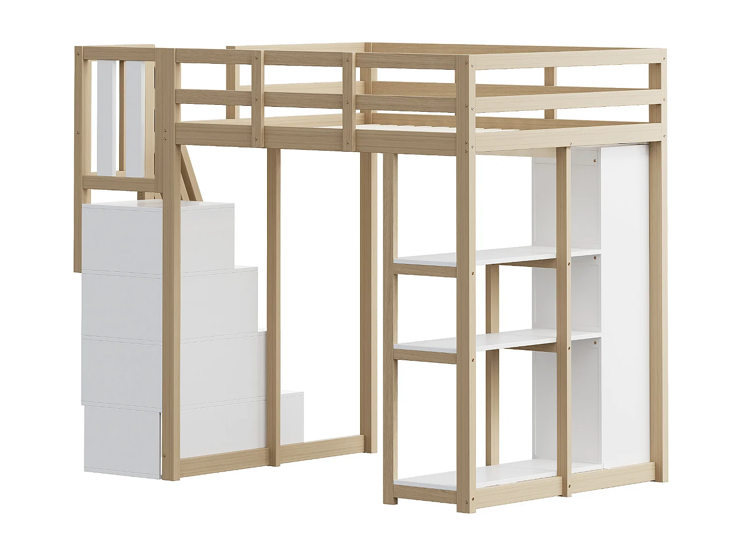 Lit mezzanine 140x200 cm en bois naturel, avec commode, étagères et échelle sécurisée, lit multifonction