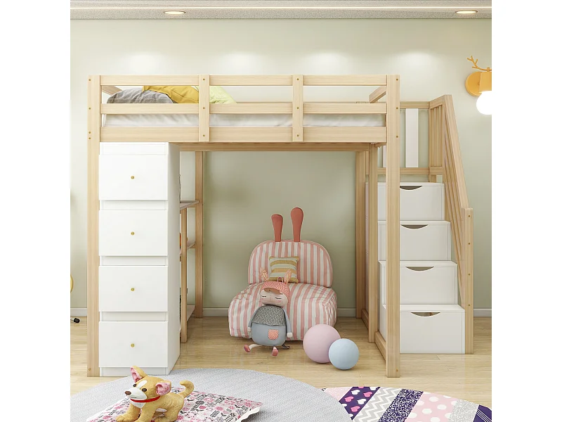 Lit mezzanine 140x200 cm en bois naturel, avec commode, étagères et échelle sécurisée, lit multifonction