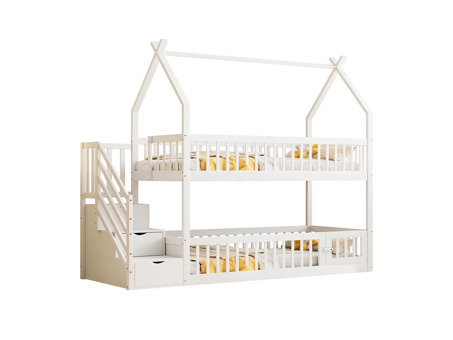 Lit mezzanine 90x200 cm, bois massif avec toit, échelle sécurisée, tiroirs de rangement, lit enfant, lit simple, blanc