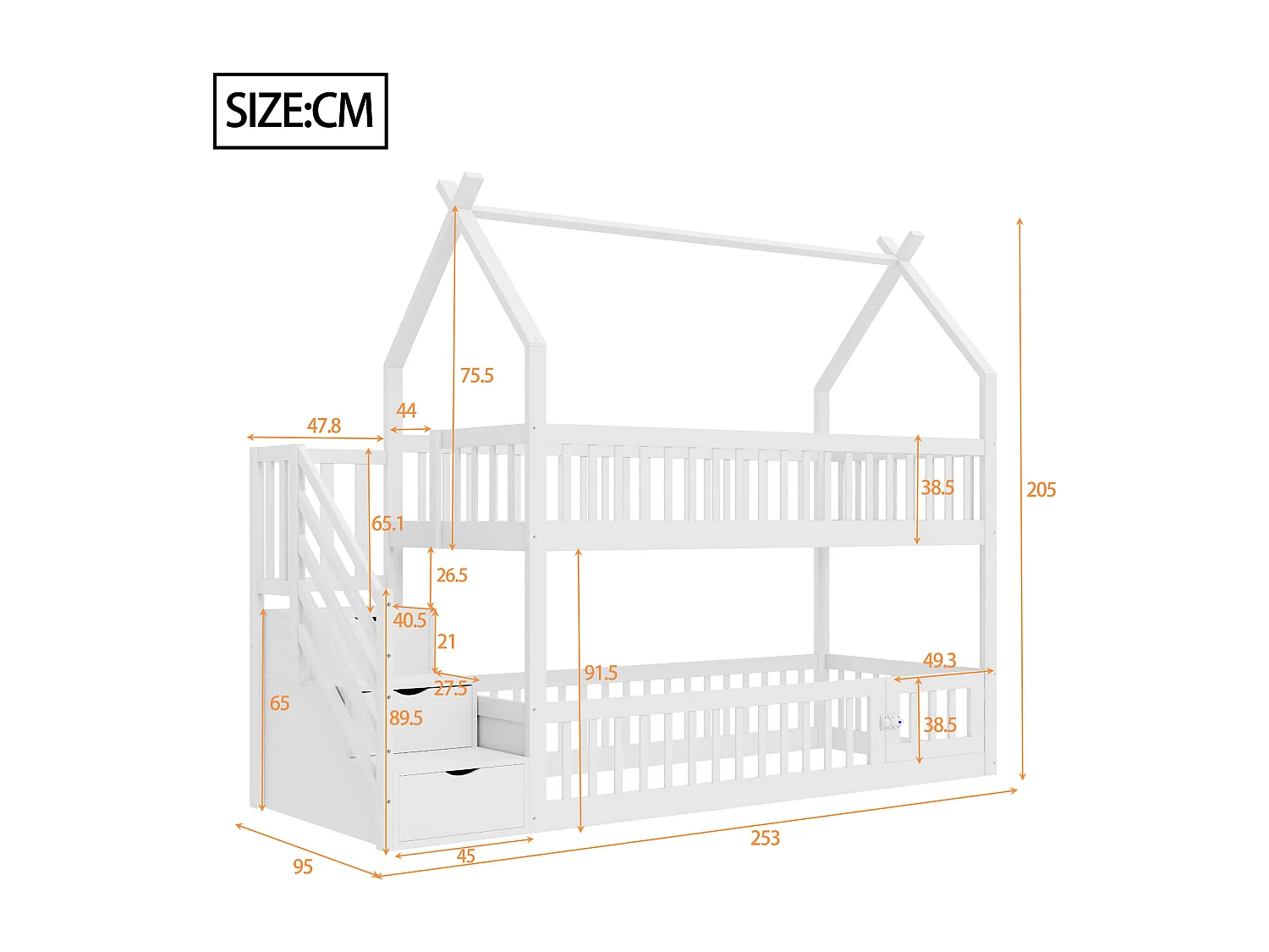 Lit mezzanine 90x200 cm, bois massif avec toit, échelle sécurisée, tiroirs de rangement, lit enfant, lit simple, blanc