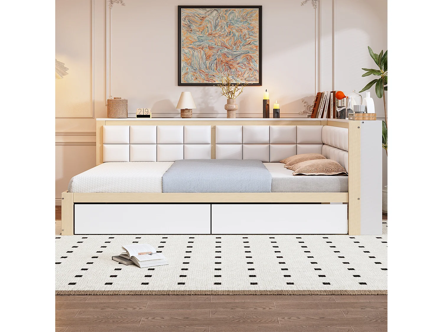 Lit canapé 140x200 cm, lit multifonction avec dossier doux, grande tiroir de rangement, lit simple, lit junior, pin, couleur bois