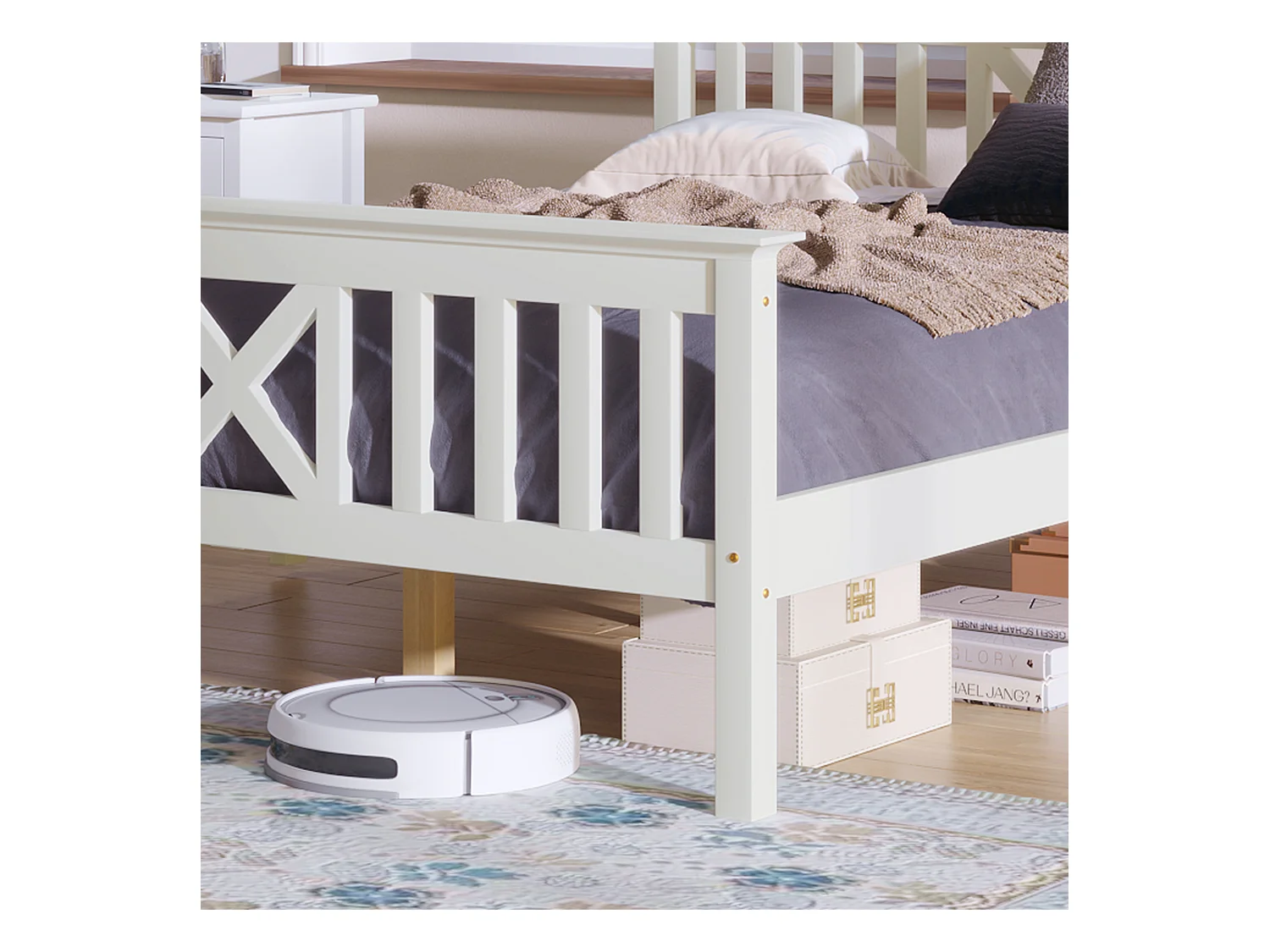 Lit simple en bois massif 90×200 cm avec tête de lit et sommier, pin blanc, solide et confortable