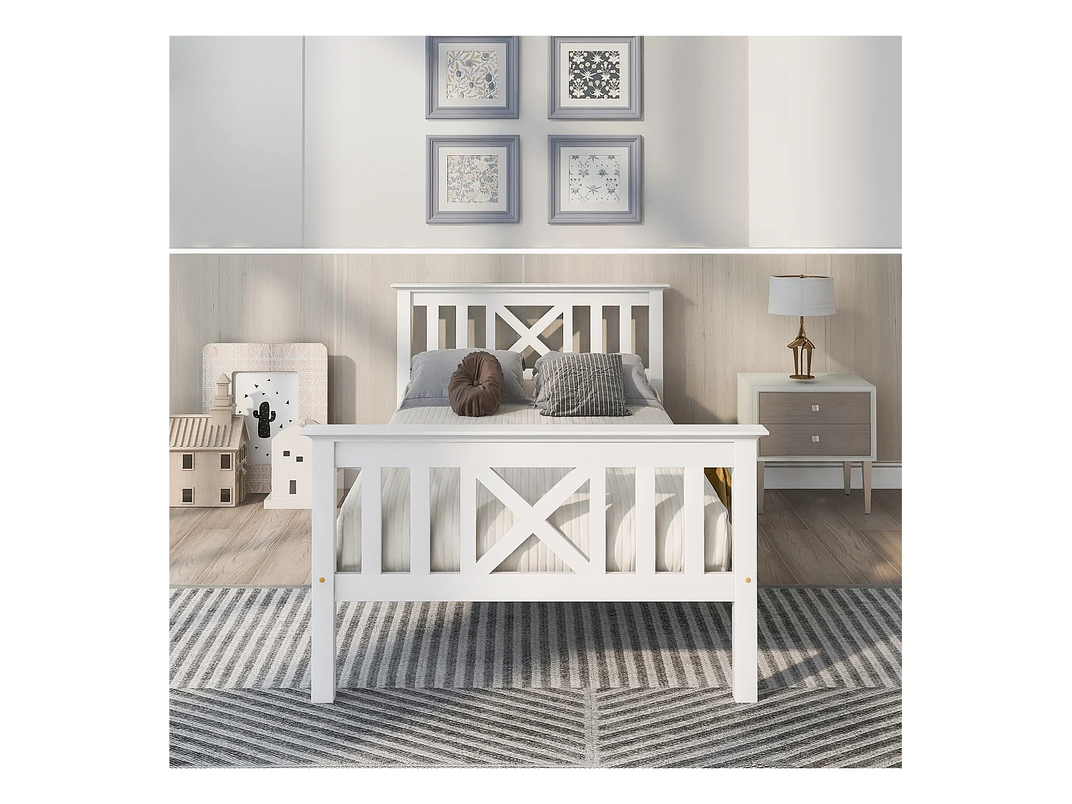 Lit simple en bois massif 90×200 cm avec tête de lit et sommier, pin blanc, solide et confortable