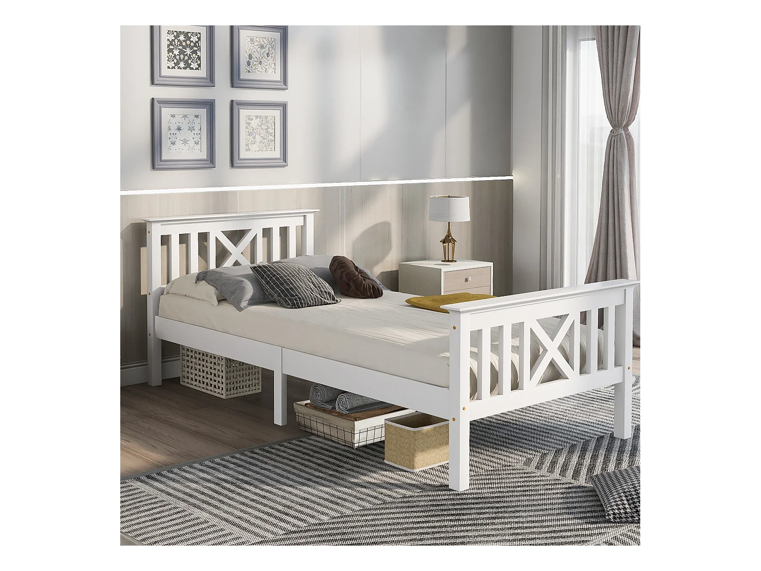 Lit simple en bois massif 90×200 cm avec tête de lit et sommier, pin blanc, solide et confortable