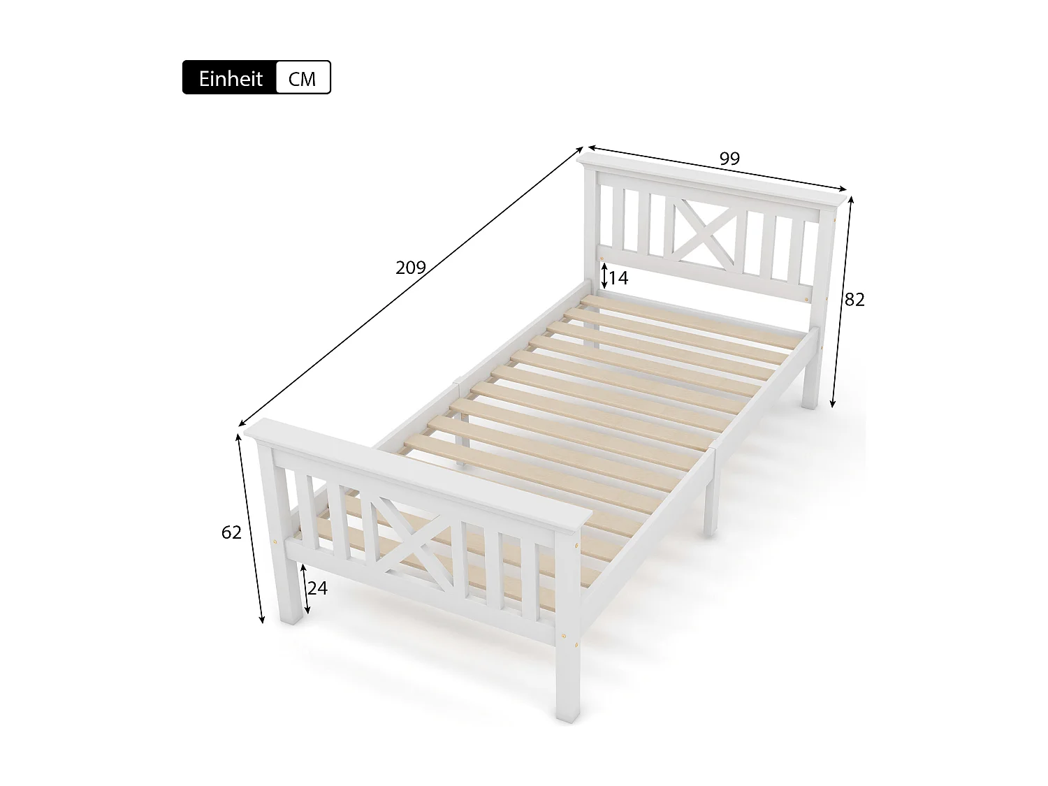 Lit simple en bois massif 90×200 cm avec tête de lit et sommier, pin blanc, solide et confortable