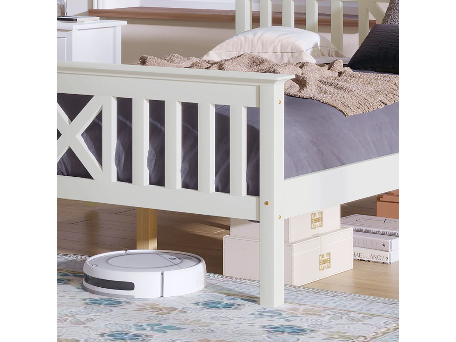 Lit simple en bois massif 90×200 cm avec tête de lit et sommier, pin blanc, solide et confortable