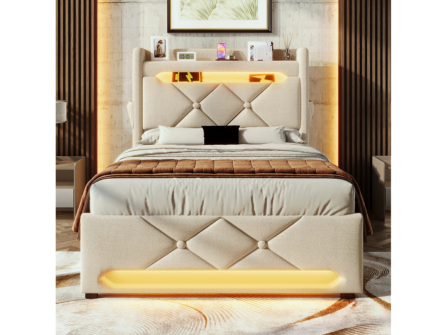 Lit tapissé 90x200 cm simple, tête avec rangement, LED 360° autour, USB/Type-C, hydraulique, tissu lin beige (Avec matelas)