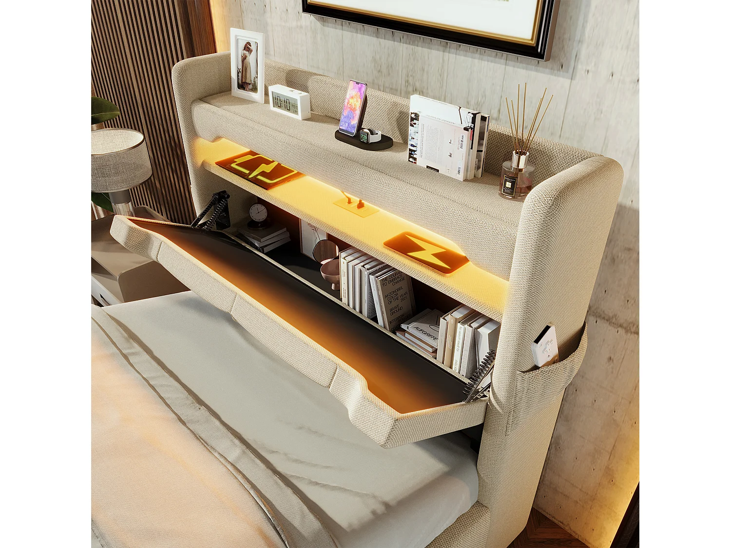 Lit tapissé 90x200 cm simple, tête avec rangement, LED 360° autour, USB/Type-C, hydraulique, tissu lin beige (Avec matelas)