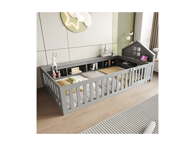 Lit enfant 90x200 cm avec toit et fenêtre, rangement intégré, barrière et porte, sécurité totale, bois massif, gris