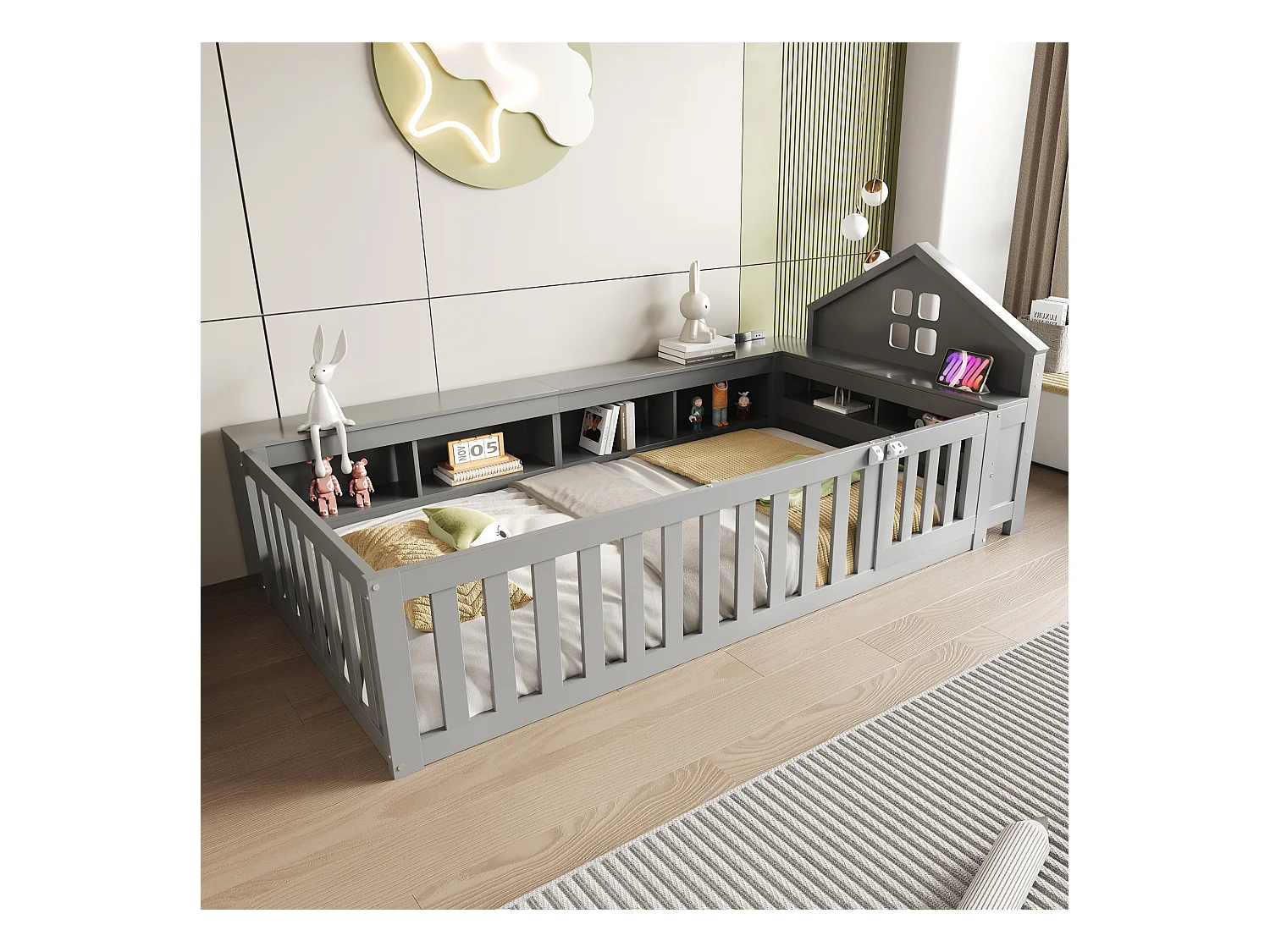 Lit enfant 90x200 cm avec toit et fenêtre, rangement intégré, barrière et porte, sécurité totale, bois massif, gris