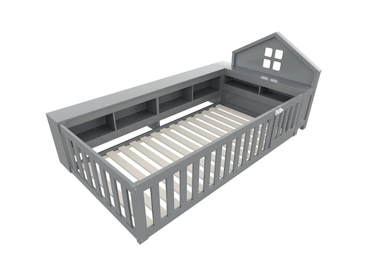 Lit enfant 90x200 cm avec toit et fenêtre, rangement intégré, barrière et porte, sécurité totale, bois massif, gris