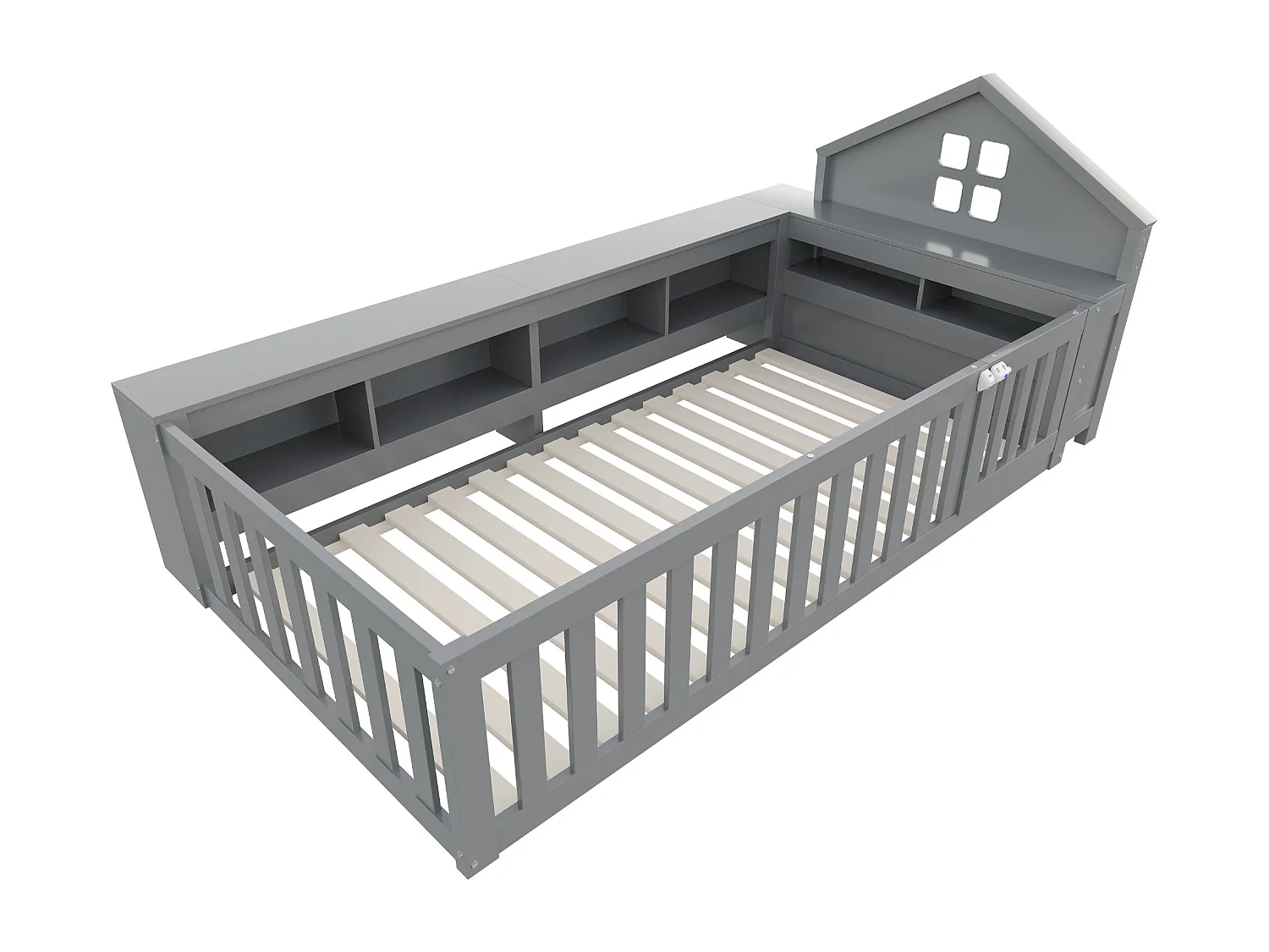 Lit enfant 90x200 cm avec toit et fenêtre, rangement intégré, barrière et porte, sécurité totale, bois massif, gris