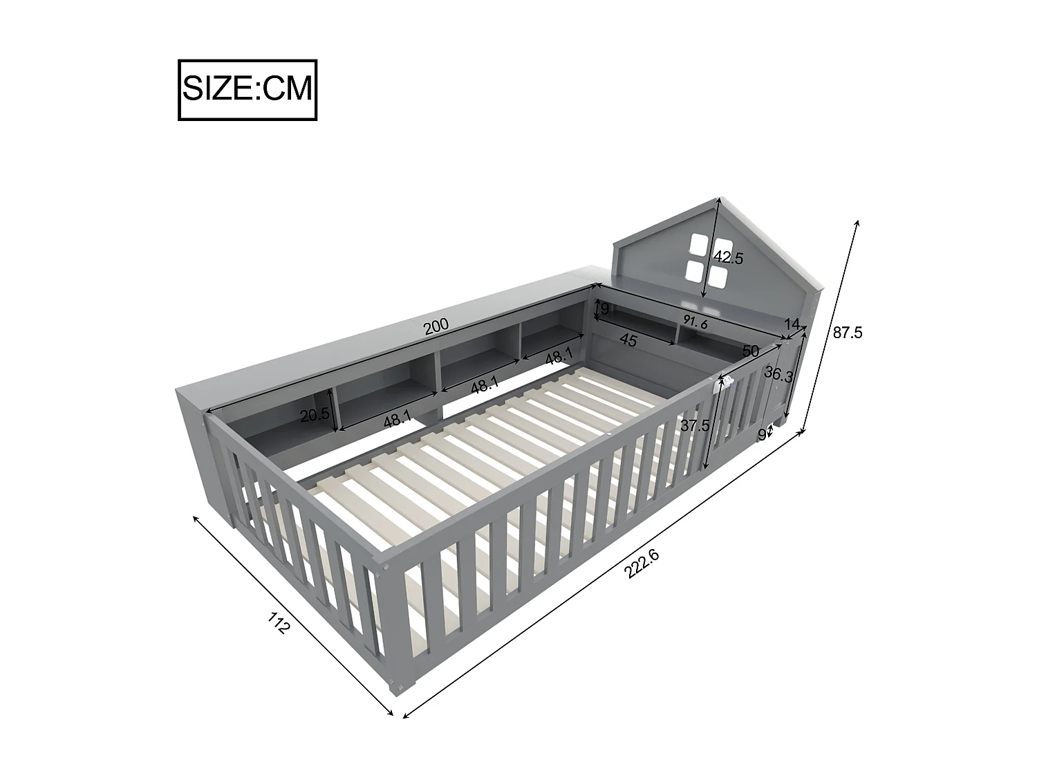 Lit enfant 90x200 cm avec toit et fenêtre, rangement intégré, barrière et porte, sécurité totale, bois massif, gris