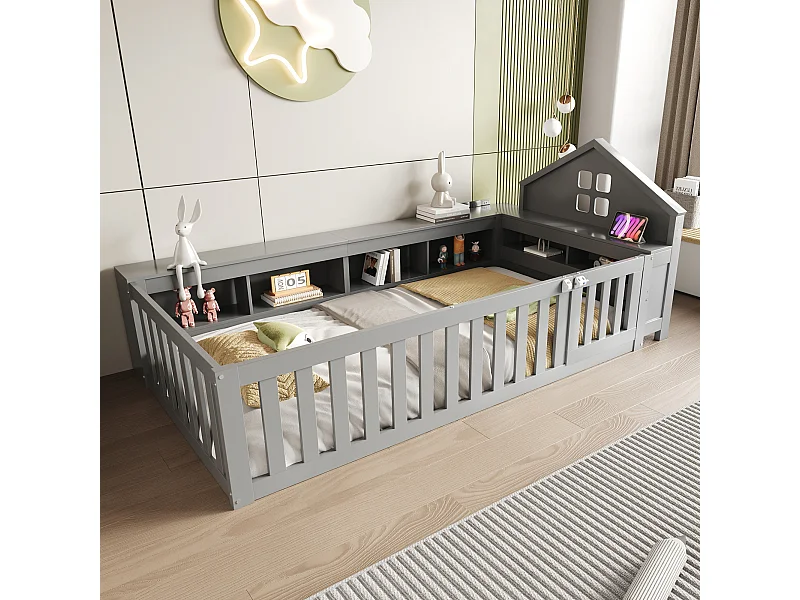 Lit enfant 90x200 cm avec toit et fenêtre, rangement intégré, barrière et porte, sécurité totale, bois massif, gris