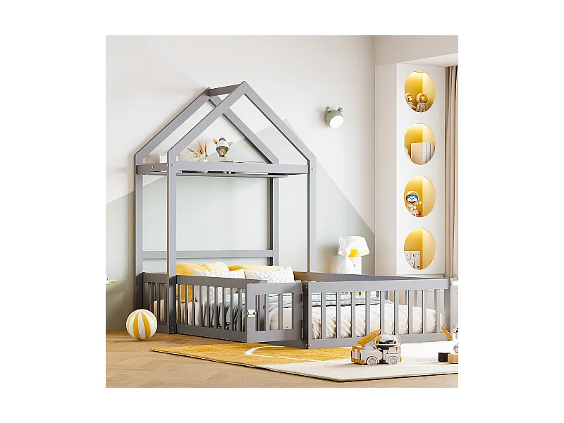 Lit enfant 90x200 cm gris, cadre en bois massif avec espace de rangement, barrière et portes sécurisées
