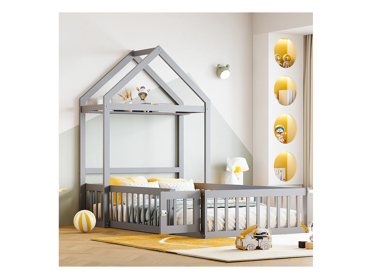Lit enfant 90x200 cm gris, cadre en bois massif avec espace de rangement, barrière et portes sécurisées