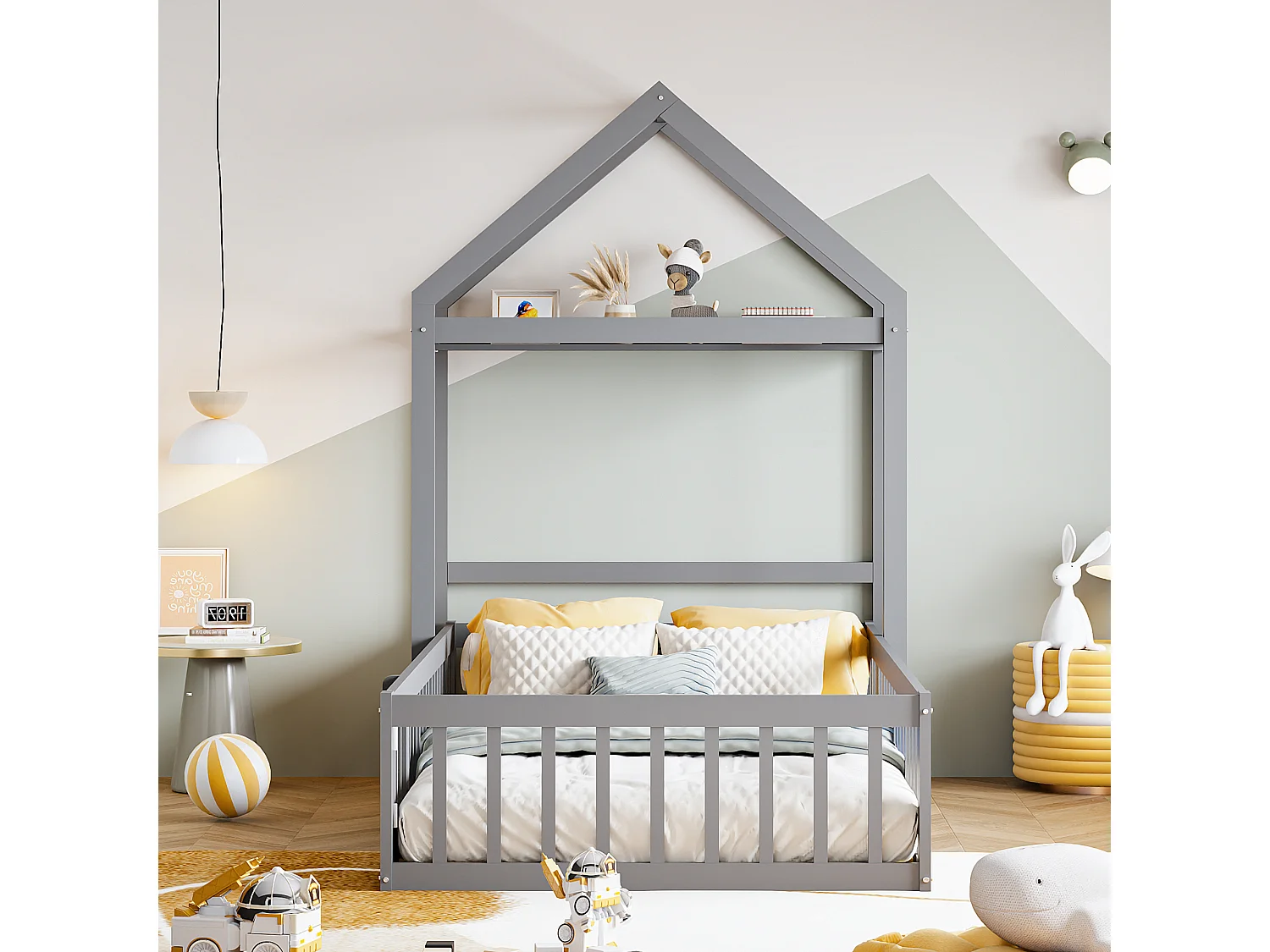Lit enfant 90x200 cm gris, cadre en bois massif avec espace de rangement, barrière et portes sécurisées