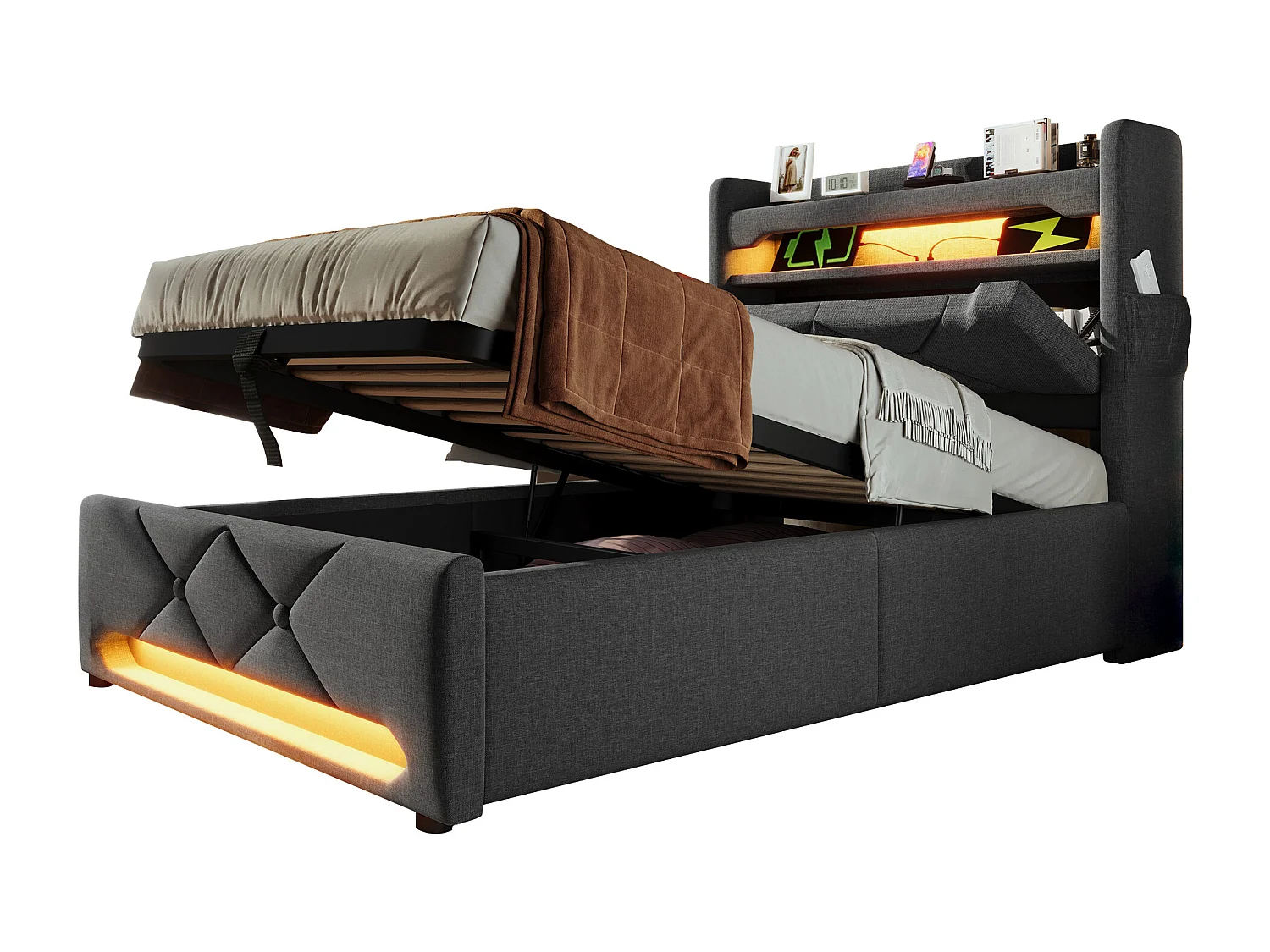 Lit tapissé 90x200 cm simple, tête avec rangement, LED 360° autour, USB/Type-C, hydraulique, tissu lin gris (Avec matelas)