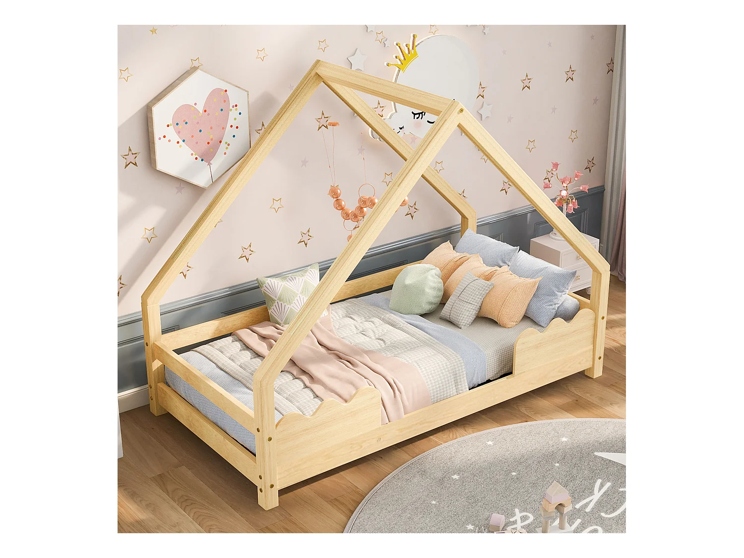 Lit cabane enfant 90×200 cm avec barrière de sécurité, structure en bois massif naturel, robuste