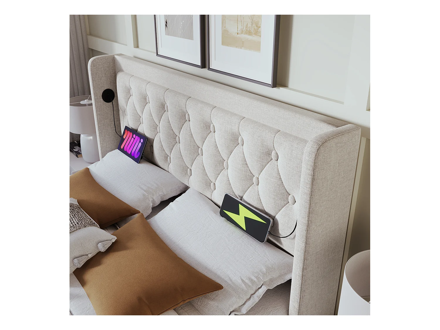 Lit tapissé 160x200 cm double, LED 3 côtés, hydraulique, tête avec USB-C, coton beige (Avec matelas)