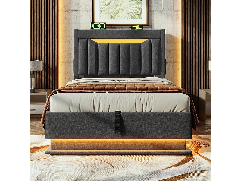 Lit tapissé 90x200 cm simple avec tête LED, rangement hydraulique, USB/Type-C, LED aux pieds, tissu lin gris (Avec matelas)