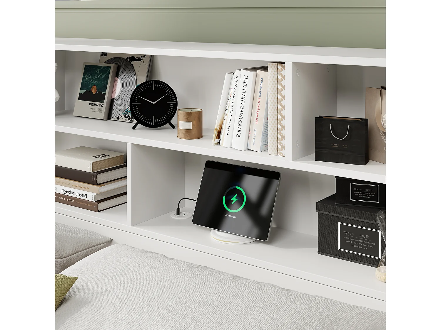 Lit coffre 140×200 cm blanc, bois massif, avec port USB, tiroirs et caisson de rangement sous le lit, sans matelas