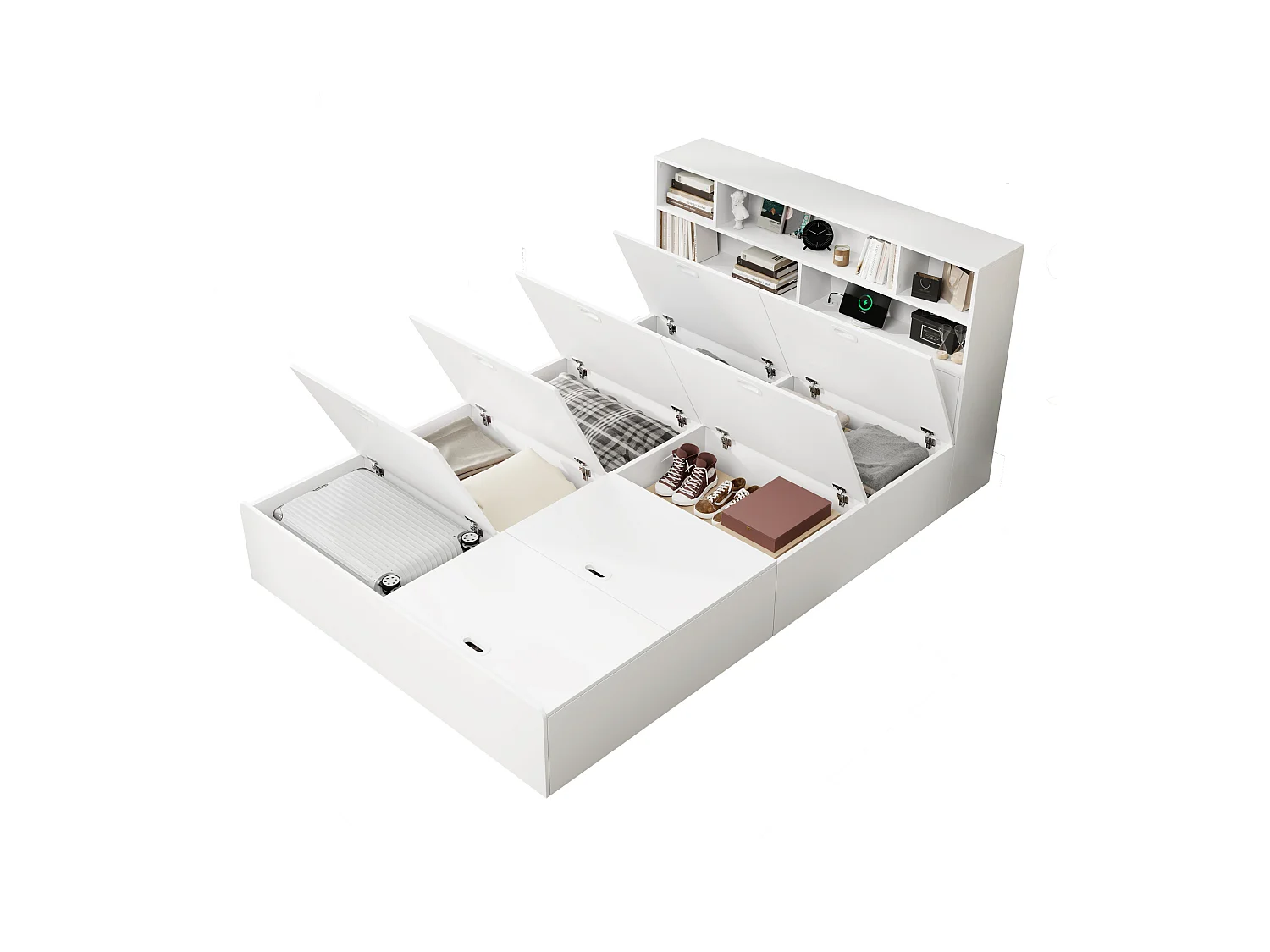 Lit coffre 140×200 cm blanc, bois massif, avec port USB, tiroirs et caisson de rangement sous le lit, sans matelas