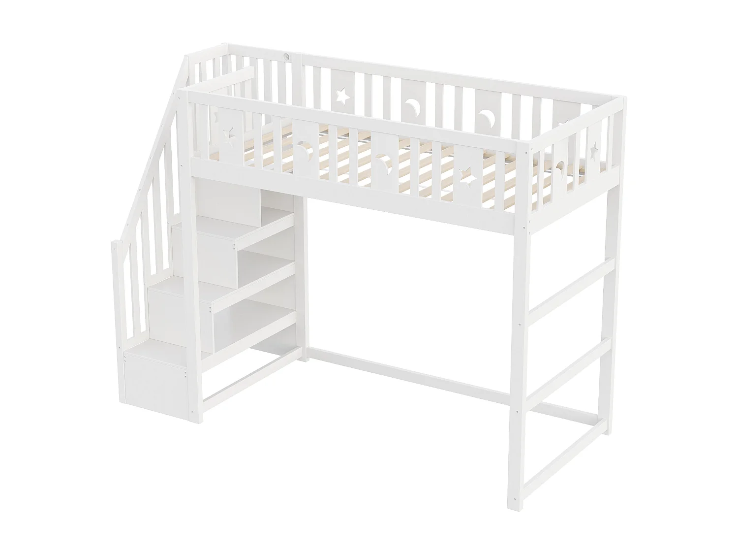 Lit mezzanine 140x200 cm, bois massif, échelle et barrières de sécurité, décoration étoiles et lune, tiroirs, lit enfant, blanc