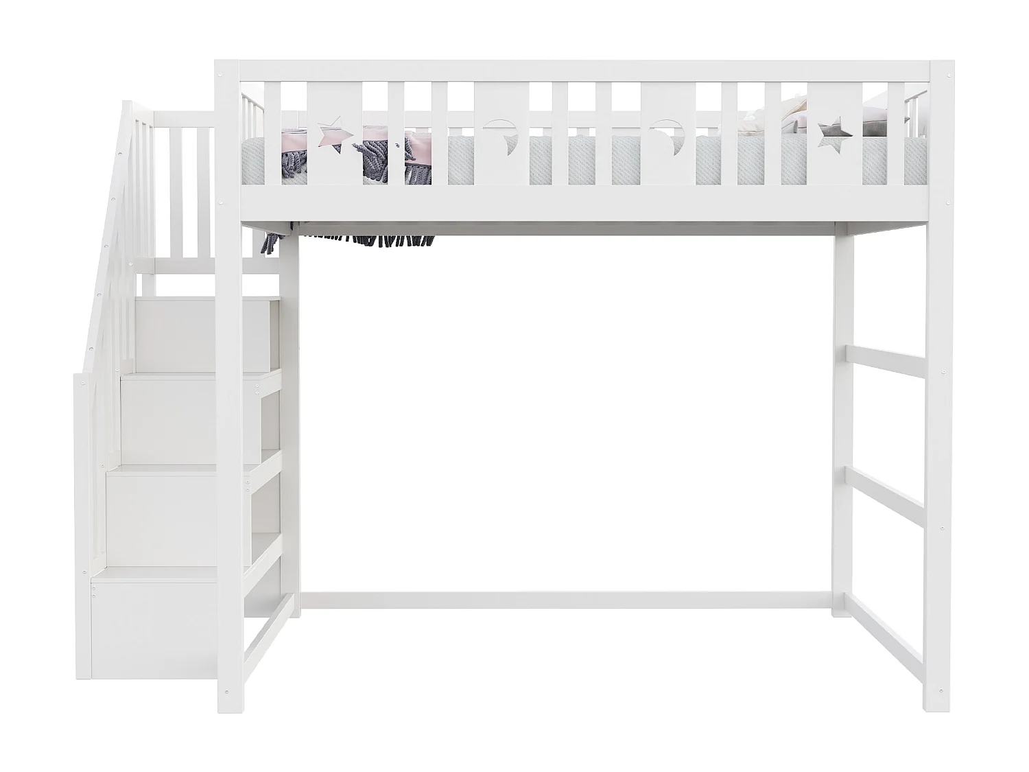 Lit mezzanine 140x200 cm, bois massif, échelle et barrières de sécurité, décoration étoiles et lune, tiroirs, lit enfant, blanc